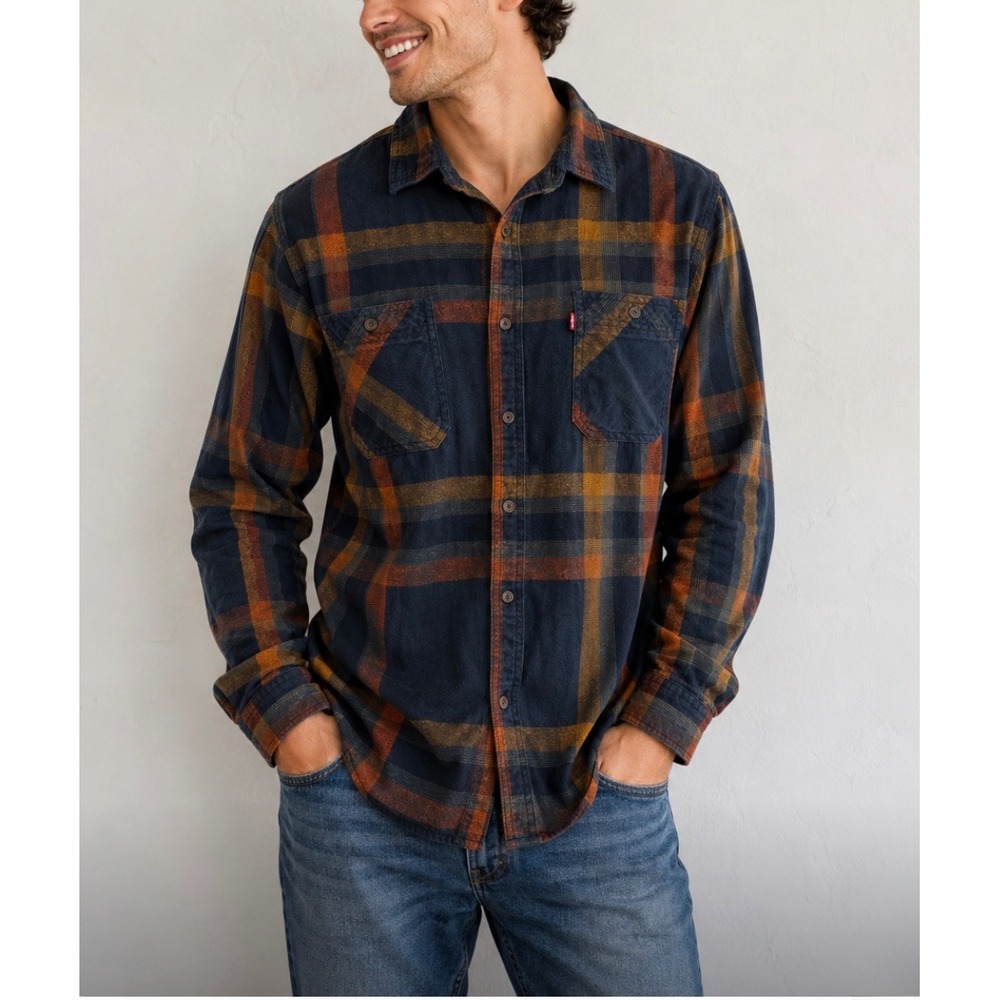 Levi's Men's Large Plaid Flannel Button Up Shirt Red Tab Long Sleeve Blue Rust
